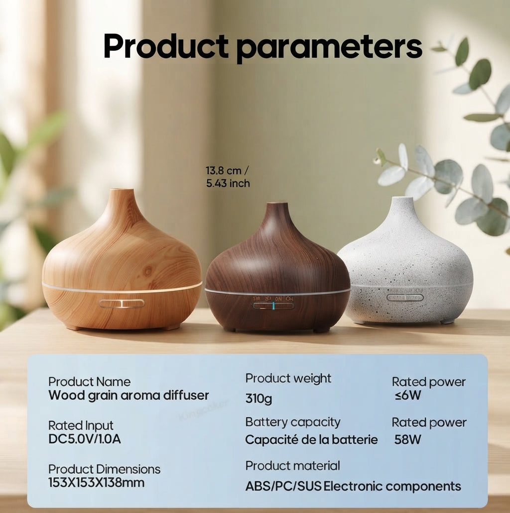 Wood Grain Aromatherapy Diffuser – Ultrasonic Essential Oil Humidifier with Remote & Mood Light