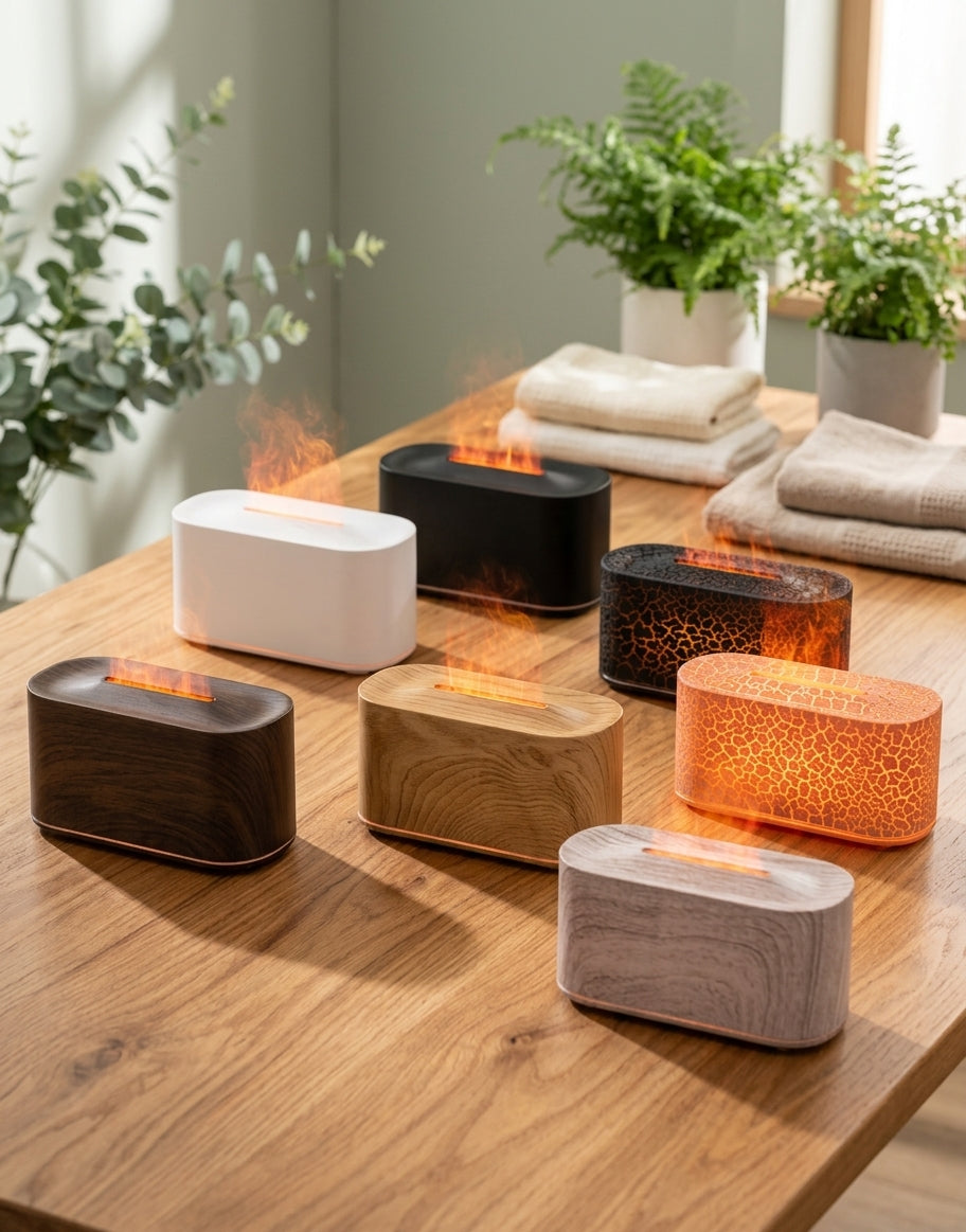 Flame Aroma Diffuser – Wood Grain Essential Oil Diffuser & Humidifier