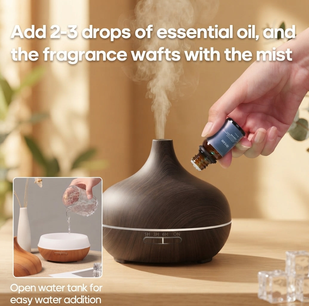 Wood Grain Aromatherapy Diffuser – Ultrasonic Essential Oil Humidifier with Remote & Mood Light
