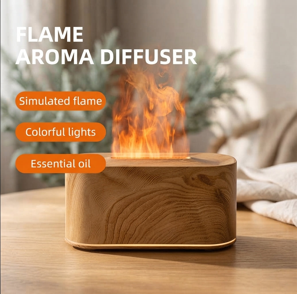 Flame Aroma Diffuser – Wood Grain Essential Oil Diffuser & Humidifier