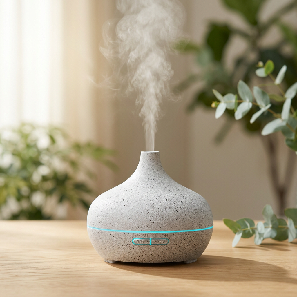 Diffuseur d'huiles essentielles NezConfort posé sur une surface en pierre blanche