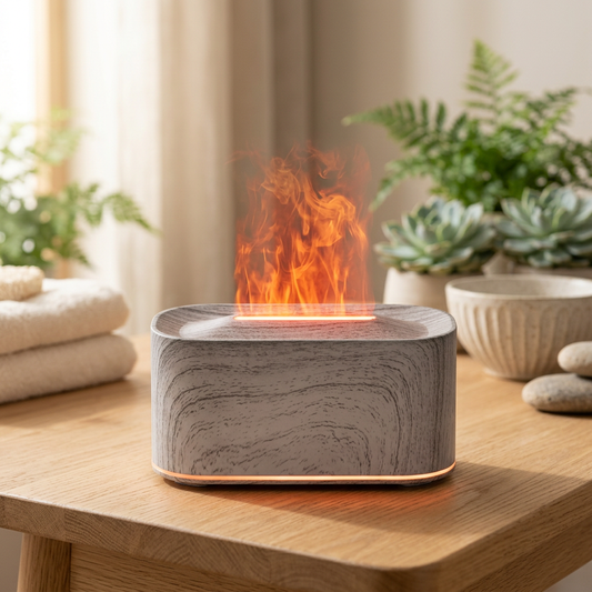 Flame Aroma Diffuser – Wood Grain Essential Oil Diffuser & Humidifier
