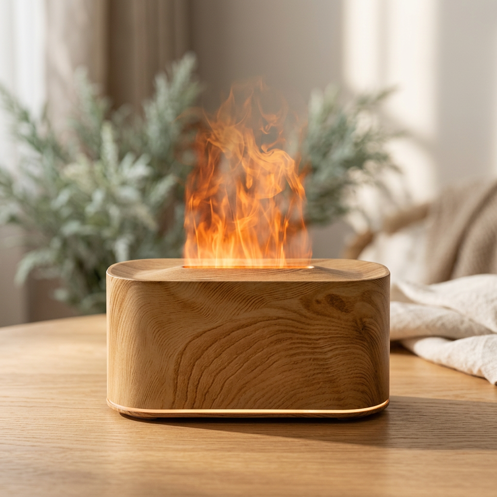 Flame Aroma Diffuser – Wood Grain Essential Oil Diffuser & Humidifier